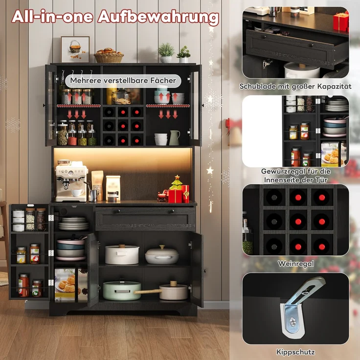 Küchenschrank, Hochschrank, Aufbewahrungsschrank, Vitrinenschrank mit Tür, integriertem Gewürzregal, verstellbaren Einlegeböden,mit farbwechselnder LED-Beleuchtung und Steckdose, 180 × 105 × 40 cm--Schwarz--105x40x180cm--YOUDENOVA – Bild 6