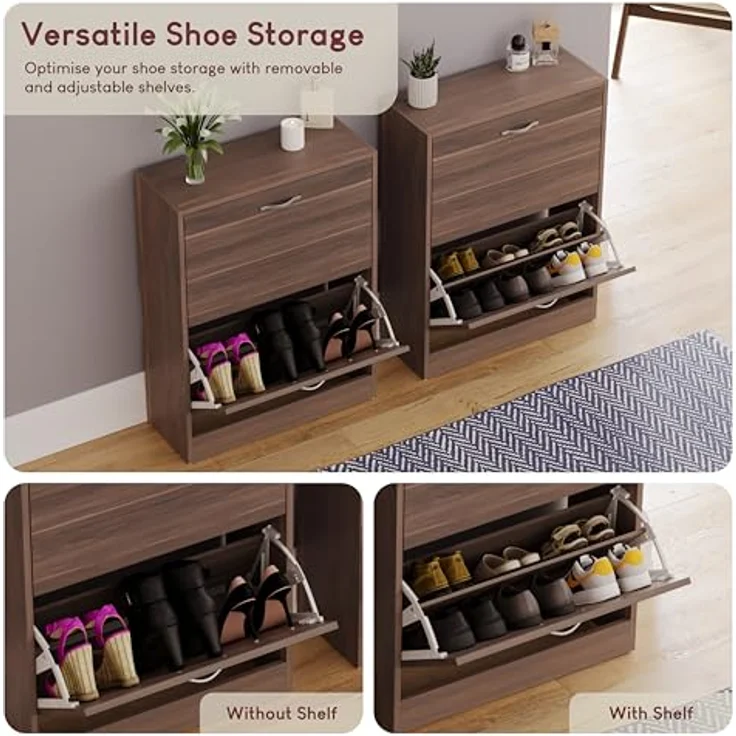 Vida Designs Schuhschrank mit 2 Schubladen, Schrank, Schuhaufbewahrung, Organizer, herunterziehbares Holzmöbel, Walnuss – Bild 8