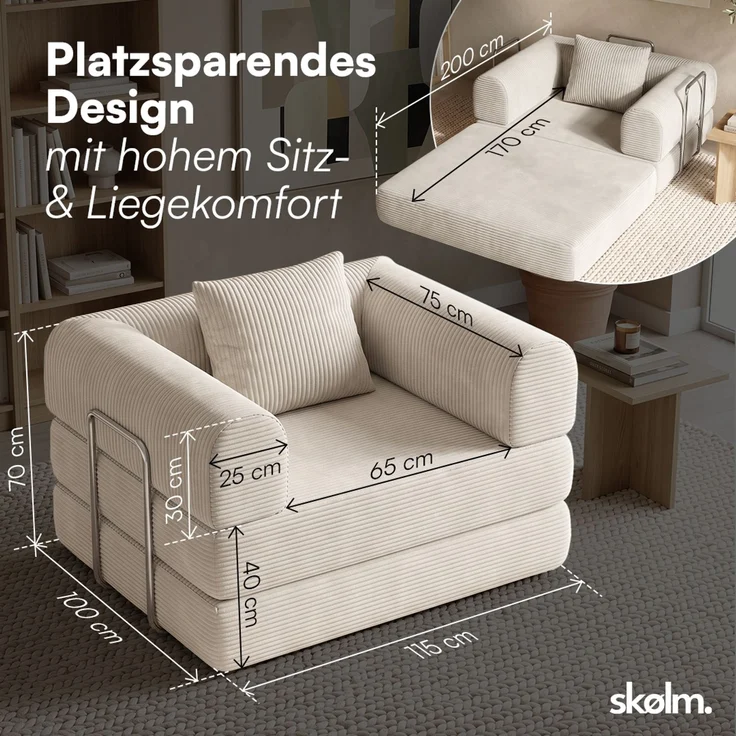 skølm 'Lofn' Modularer Sessel 1 Sitzer, 115x100 cm, Vollschaumcouch mit Metallgestell, Cord beige, Schlafsessel vakuumverpackt, kein Aufbau erforderlich – Bild 9