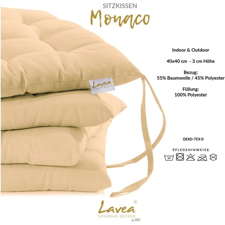 Lavea Stuhlkissen Lavea® Sitzkissen & Stuhlkissen 40x40 cm – 4er/8er Set, 40x40x3 cm, mit Stoffbändern, Indoor & Outdoor, für Garten & Balkon – Bild 3