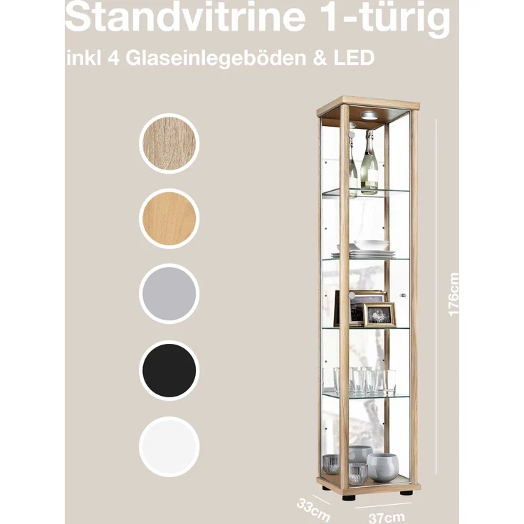 K-Mbel Standvitrine (176x37x33cm) - Made in Germany - Vitrinenschrank Buche mit 4 hhenverstellbaren Glasbden, Spiegel & LED - Glasvitrine Stehend - Vitrine Glas - Display Cabinet – Bild 3