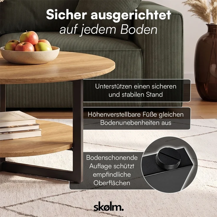 skølm 'Drakkar' Couchtisch rund, Massivholz Eiche, natur geölt, Wohnzimmertisch Ø70 cm mit Metallgestell, Beistelltisch für Wohnzimmer mit Ablage – Bild 6