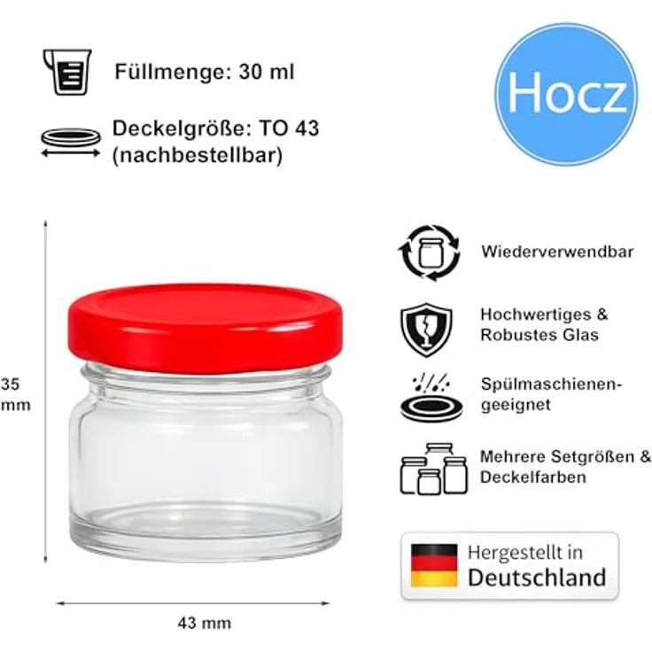 hocz 100x Mini Marmeladengläser 30 ml | mit Deckel Rot TO 43 | kleine Einmachgläser mit Schraubdeckel zum befüllen | Schraubgläser, Sturzgläser Set | leere Gläser für Marmelade | 100 Stück – Bild 2