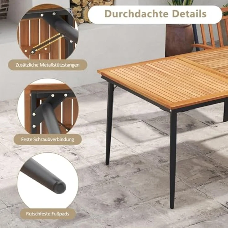 FANTASK Gartentisch mit Schirmloch, 200x90 cm, Esstisch aus Akazienholz für 8 Personen, Rechteckiger Balkontisch Wetterfester für Terrasse, Garten, Natur + Schwarz – Bild 5