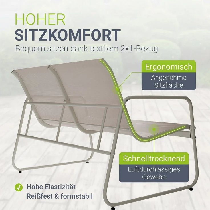 Juskys Gartenmöbelset Genua 4-tlg. – Sand, Outdoor Sitzgruppe, Tisch & Bank, wetterfestes Textil, LongLife Stahlgestell – Bild 2