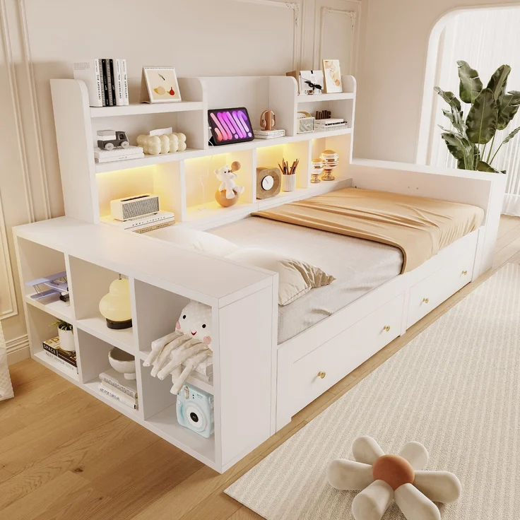 Ausziehbett 90/180×200 cm mit Schubladen und LED-Beleuchtung, Weiß, ohne Matratze – Bild 1