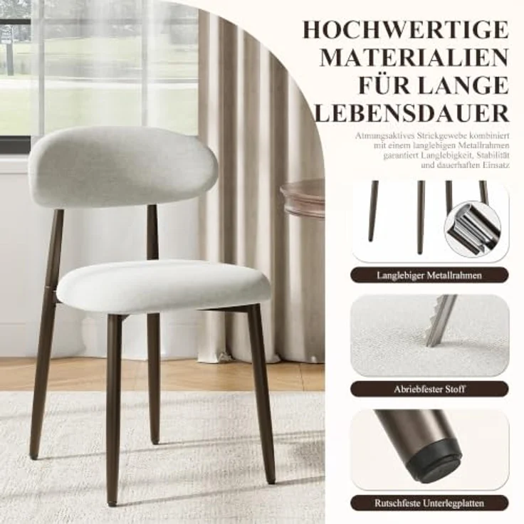 MALOL Esszimmerstühle 2er Set, Gepolsterte Stühle Esszimmer, Küchenstühle, Esstisch Stühle mit geschwungener Rückenlehne & Metallfüßen, moderne Stoffstühle für Küche, Wohnzimmer und Gastronomie, Beige – Bild 7
