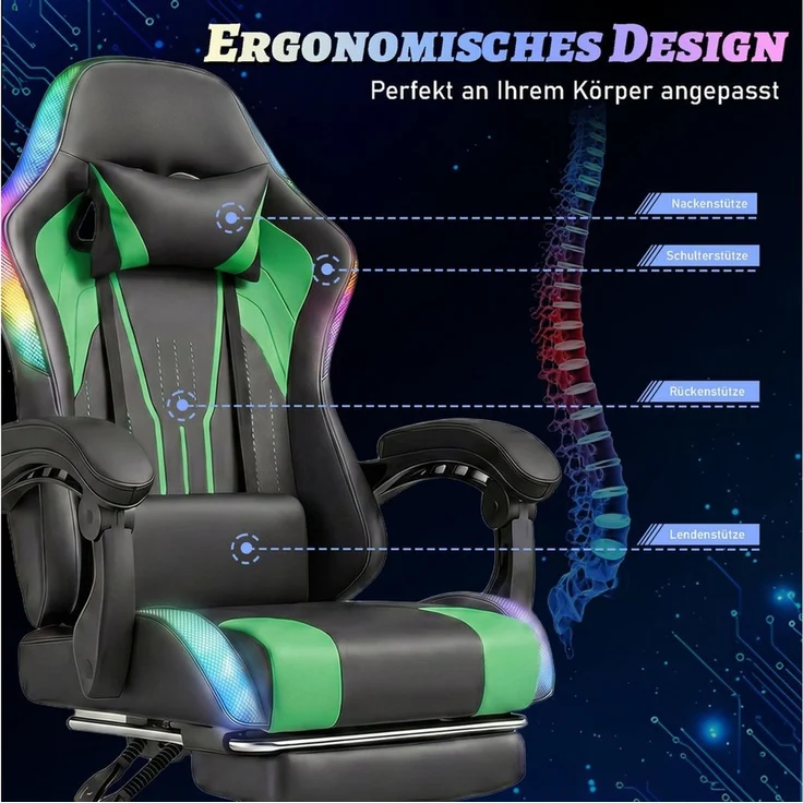 HOMALL Gaming-Stuhl mit LED,Ergonomisch,Fußstütze,computerstuhl,gaming stuhl mit massage, Ergonomischer Bürostuhl,Kopfstütze und Lendenstütze – Bild 4