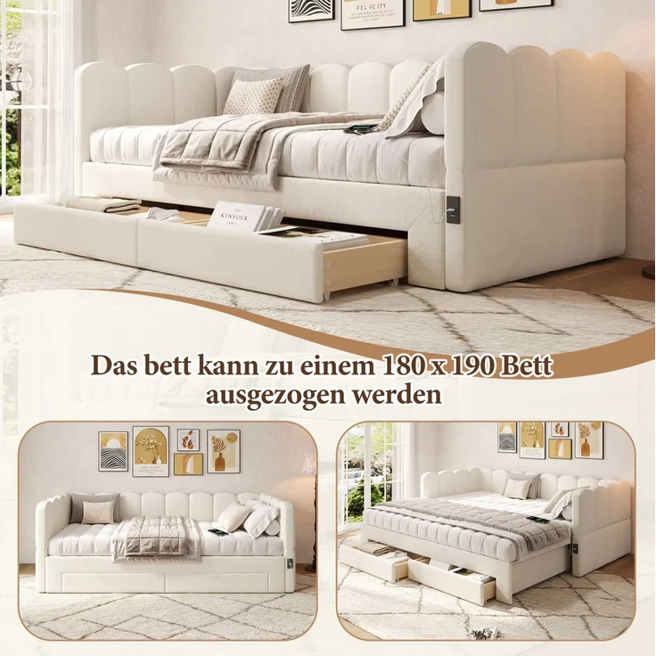 CHICFURN Ausziehbett 90/180x190 cm aus Leinen Beige mit 2 Schubladen und USB- und Type-C-Anschlüssen – Bild 6