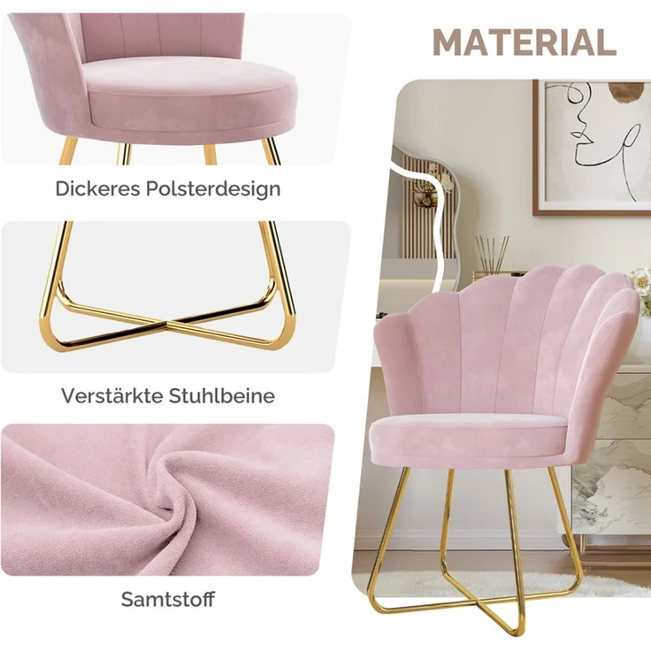 Hawthyhome Polsterstuhl Polstersessel 2er Set mit Blütenblatt-Rückenlehne, goldenen Metallbeinen, ergonomischer hoher Rückenlehne mit Kopfstütze, Wasserfall-Sitzkissen, SGS-zertifiziert & bis 150 kg belastbar, ideal für Esszimmer, Schminktisch & Wohnzi... – Bild 6