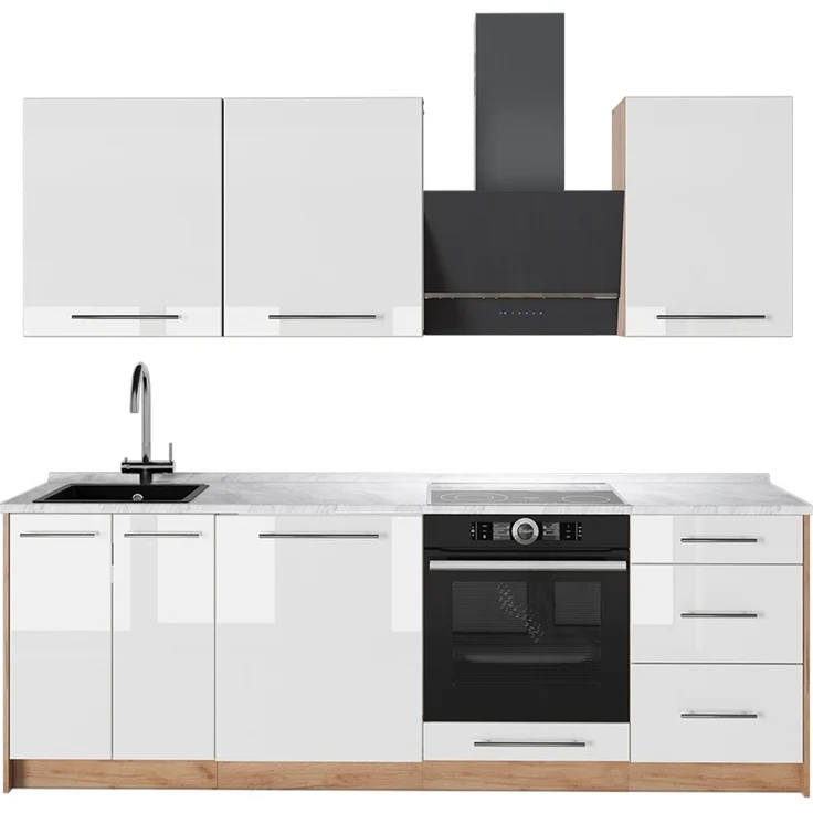 Küchenzeile Fame-Line Weiß Hochglanz/Goldkraft Eiche 230 cm, AP Marmor Vicco – Bild 1