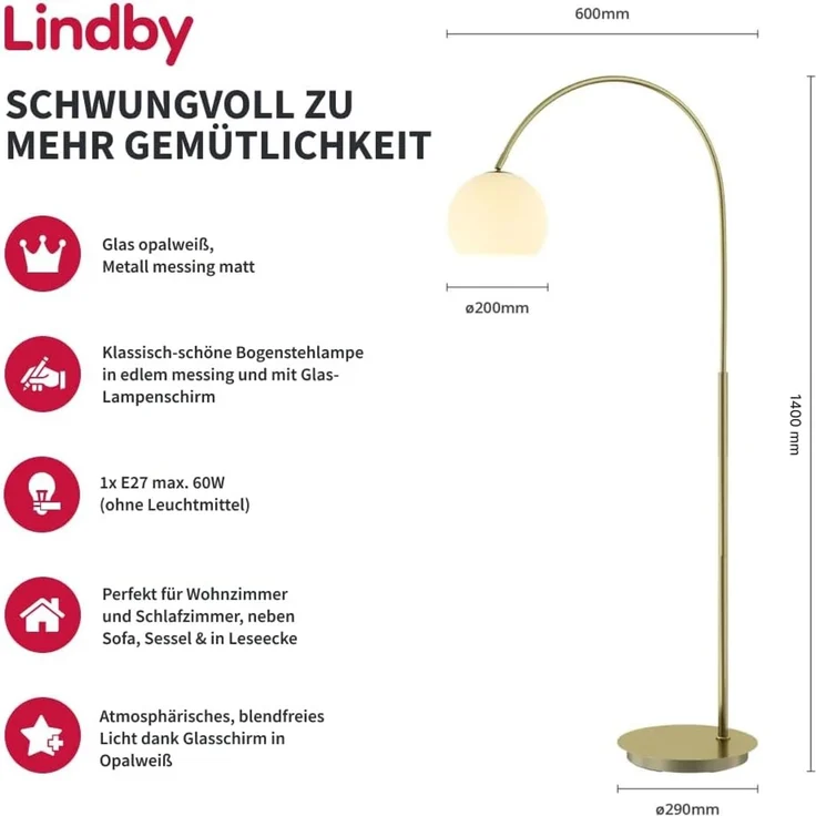 Lindby Bogenlampe Cynthia, Glas Gold / Messing IP20, 1 x 15 W LED – Bild 2