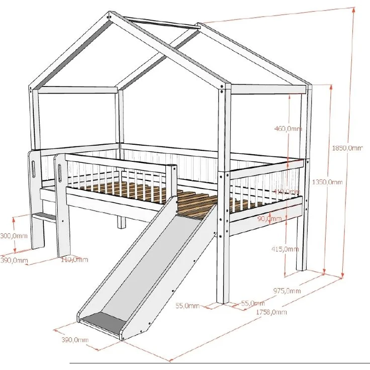 FORREST Buche Spiel-Hausbett 90 x 200 cm, inkl. Lattenrost, Dachaubau, Rutsche, 2 Rollboxen und Textilhimmel, Ausf. Buche massiv weiß lackiert – Bild 1