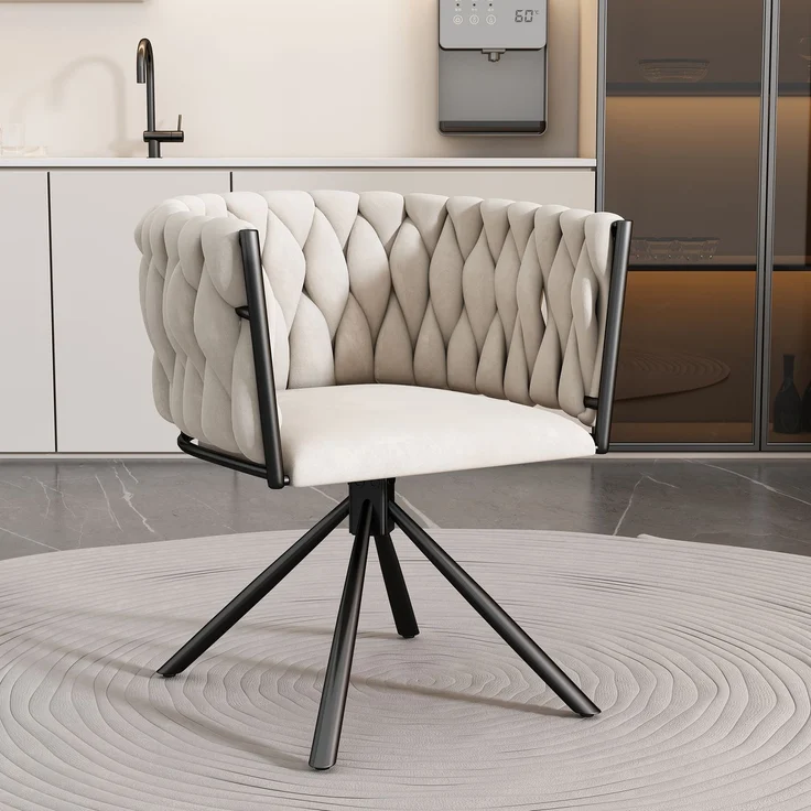 Merax Samt-Esszimmerstuhl, einzelner heller Luxus-Wohnzimmer-Schlafzimmer-Drehstuhl, Freizeit-Drehstuhl mit vier Stützbeinen aus Metall, beige – Bild 2