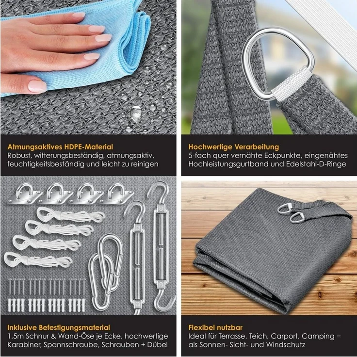 KESSER® Sonnensegel Sonnenschutz Windschutz | HDPE Gewebe | wasserabweisend & windabweisend | 5-Fach quer vernäht robust & stabil Schattenspender Garten Balkon Terrasse Quadrat, Grau, 2x2m – Bild 2