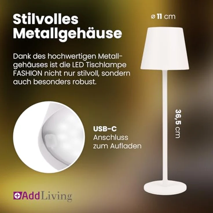 AddLiving LED Fashion Tischlampe, dimmbare LED mit 3 Farbtemperaturen und USB-Anschluss, weiß – Bild 8