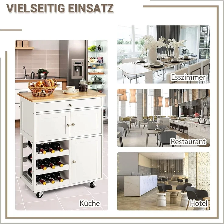 COSTWAY Servierwagen Küchenschrank Küchenwagen Küchentrolley Beistellwagen Küchenregal Rollwagen Weinregal Weinschrank Holz weiss – Bild 8