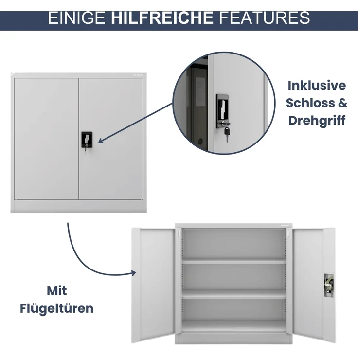 Aktenschrank abschließbar KADO - 3 Ebenen verstellbar, Flügeltüren | Metallschrank Werkstatt Mehrzweckschrank Büroschrank aus Stahl Werkzeugschrank, 93x90x40cm Grau – Bild 5
