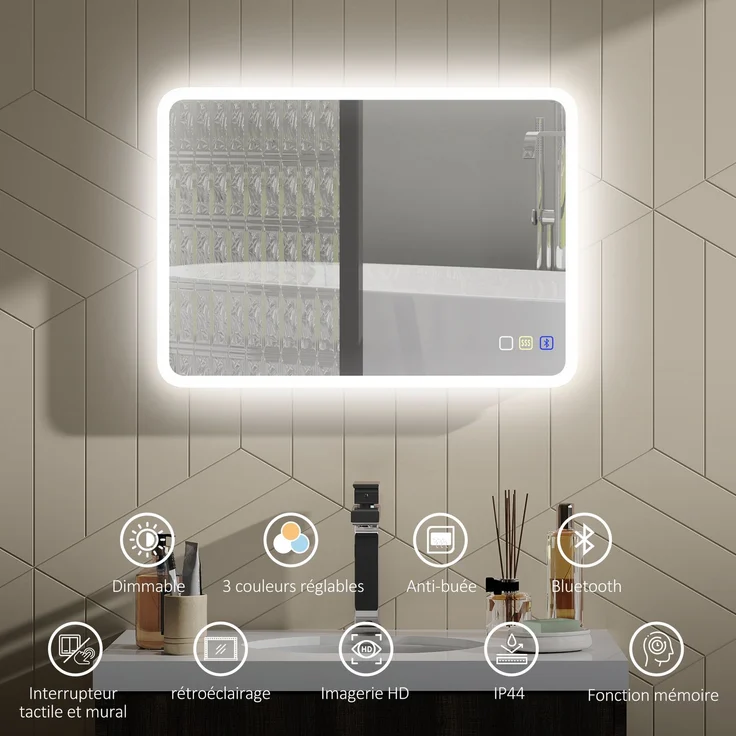 LED-Badezimmerspiegel mit Bluetooth, 50 x 70 cm, Touch-Schalter, dimmbares Licht, 3 Farben, beschlagfrei, Speicherknopf, silber – Bild 6