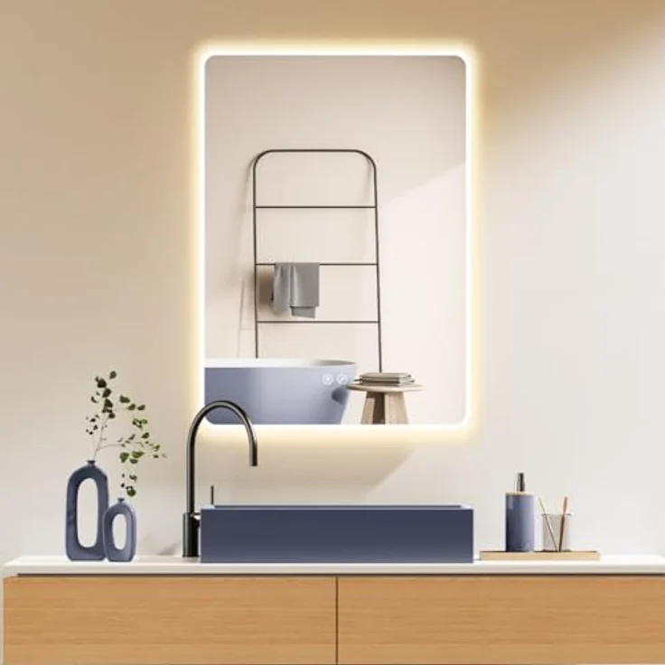 HOKO LED Badspiegel Kansas, 50x70 cm / 70x50 cm, Antibeschlag, Weißer Alurahmen, Touch Schalter, Speicherfunktion, Lichtwechsel 2700-6500K – Bild 1