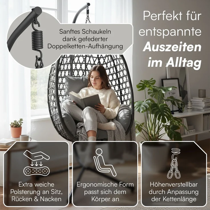 STEELSØN 'Sarin' Hängesessel mit Metallgestell, höhenverstellbar und faltbar, wetterfest, Polyrattan, dunkelgrau/schwarz, bis 150 kg belastbar, inkl. Kissen – Bild 3