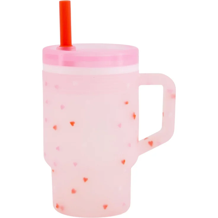 Infantino My 1st Tumbler, 255 ml Silikon-Trinklernbecher mit Strohhalm & Griff, auslaufsichere Babytasse für unterwegs, BPA-freie Übergangsflasche, Heart Speckles