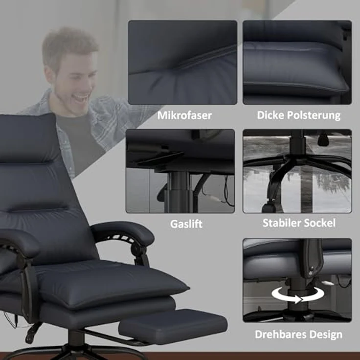 Vinsetto Massage-Bürostuhl mit Heizfunktion und Fußstütze, ergonomischer Gaming Stuhl mit 6 Vibrationsmassagepunkten und 5 Massagemodi, schwarz – Bild 8