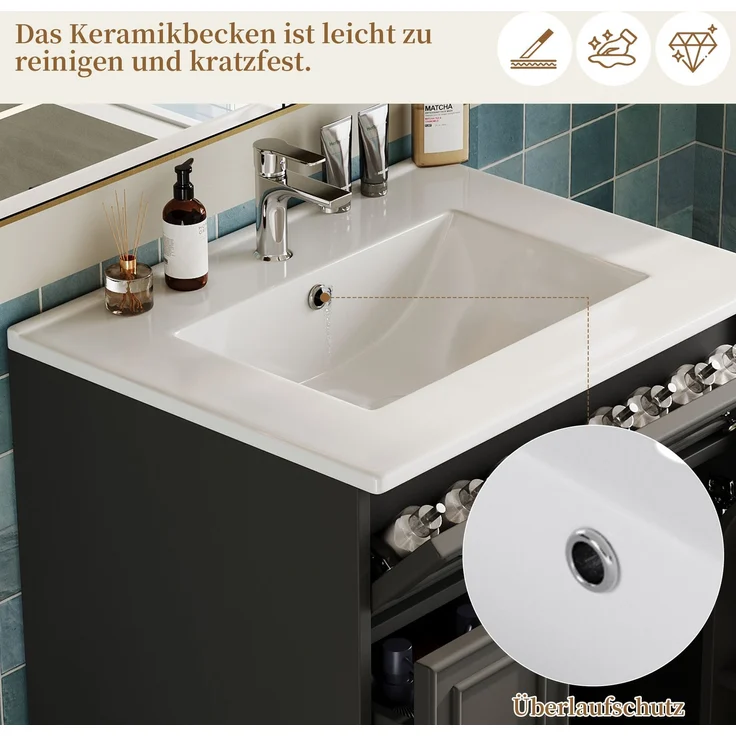 Waschtisch 61 x 47 x 87 cm mit Keramikbecken und Stauraum, Schwarz – Bild 5