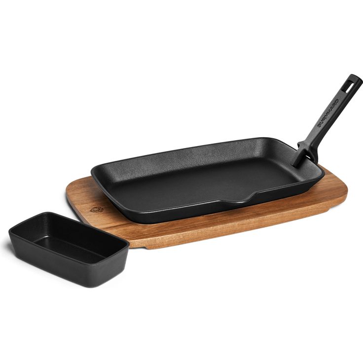 BURNHARD Fajita-Pfanne aus Gusseisen mit Servierbrett aus Akazienholz & Dipschale 28,8 x 17,5 x 3 cm, Grillpfanne mit Griff - schwarz - #944150