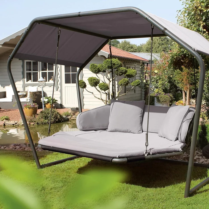 Leco 'Laureen' Hollywoodschaukel mit Polsterauflagen, Kissen & Sonnendach, grau, 264 x 185 x 195 cm – Bild 2