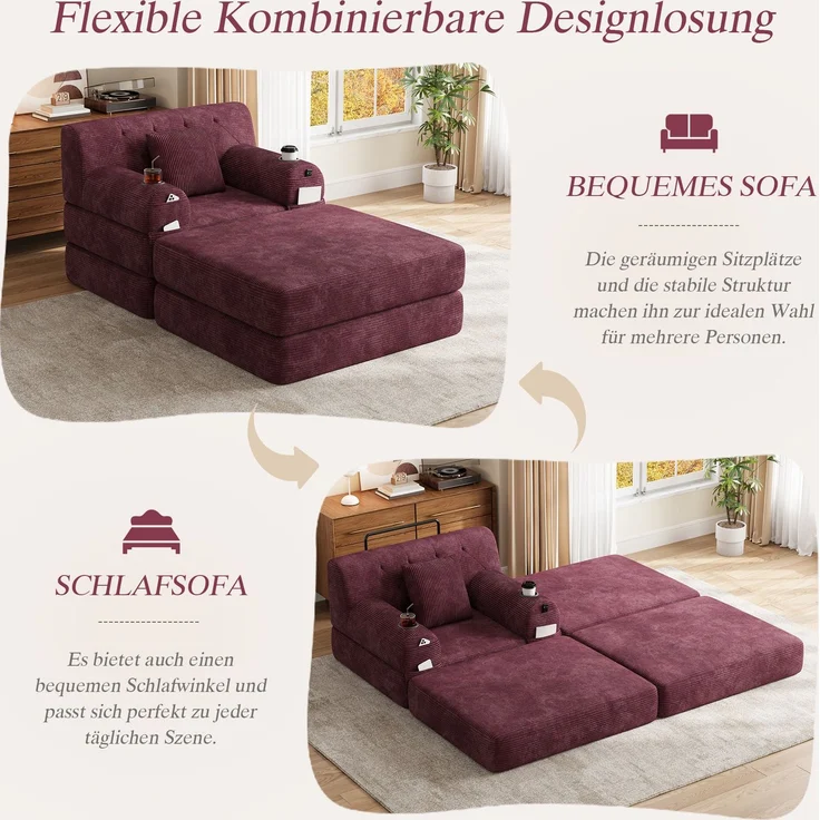ZUBALIYA Schlafsofa 162x81 cm, mit Stauraum, mit Samtbezug, mit Cordbezug, mit Knopfheftung, mit breiten Armlehnen, Rot – Bild 3