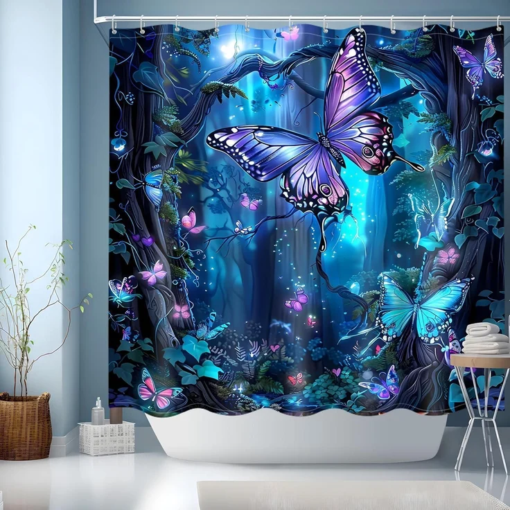 Duschvorhang Blau 180x180 Bunt Motiv Wasserdicht Schnell Trocknend 12 Ringe – Bild 1