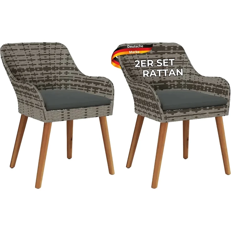 Gartenstuhl EGOS 2er Set Poly-Rattan 62,5x55x82 cm mit Polster Grau | Gartenstuhl Rattan Outdoorstühle Balkonstühle – Bild 1