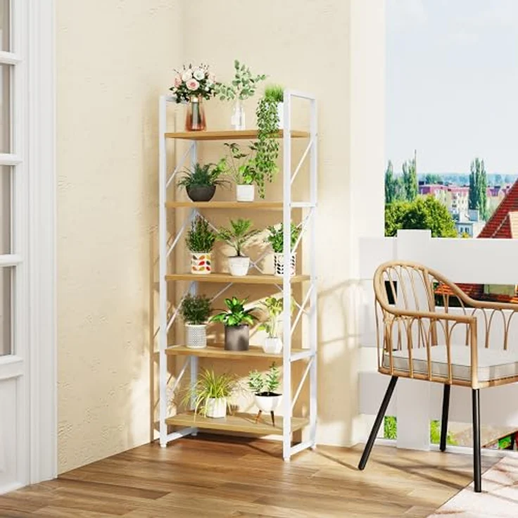 YITAHOME Bücherregal mit 5 Ebenen，Industrielles Standregal Aufbewahrungsregale für Wohnzimmer Bücher Schlafzimmer Büro Küche Zeitschriften, Weiß und Holzfarbe – Bild 4