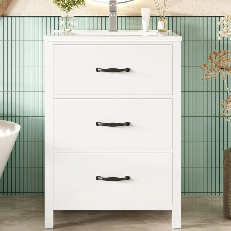 Waschtisch 61 x 47 x 83 cm mit Keramikbecken und 3 Schubladen, Weiß