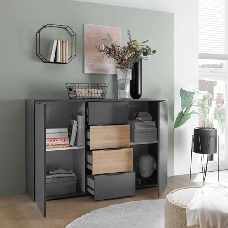 Stella Trading ASKA Kommode in Graphit, Mauvella Eiche Optik - Modernes Sideboard mit Schubladen für Ihr Schlafzimmer - 135 x 89 x 40 cm (B/H/T) – Bild 5
