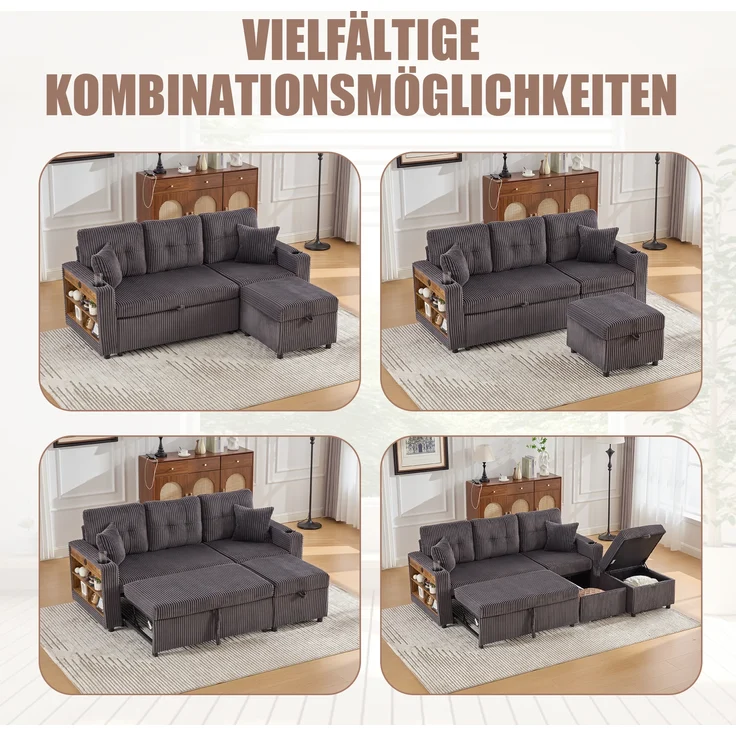 LVHOM Schlafsofa mit LED & USB, Ecksofa mit Ablagefächern, Schublade und Becherhaltern, Schlafcouch aus Cordstoff, frei Kombination, 196x144x85 cm – Bild 3