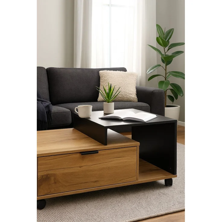 Moderner Couchtisch mit Stauraum – Eichedekor & Schwarz, Schublade, Rollen, 90 x 50 x 40 cm – Bild 1