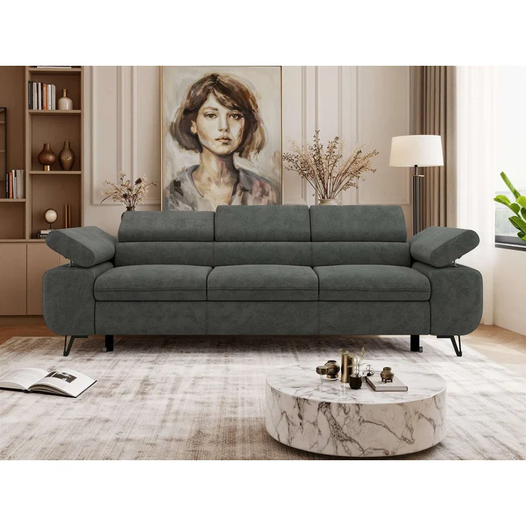 Polstersofa PETER, Sofa 3-Sitzer mit Schlaffunktion, verstellbaren Armlehnen und Kopfstütze, Gepolsterte Couch, Wellenfeder - Dunkelgrau Struktur – Bild 4