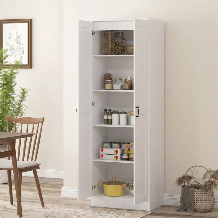 HOMCOM Küchenschrank, 2 Türen mit Soft-Close, 5 Einlegeböden davon 2 verstellbar, Spanplatte, Weiß, 60 x 36,5 x 175 cm, mit Kippschutz – Bild 8