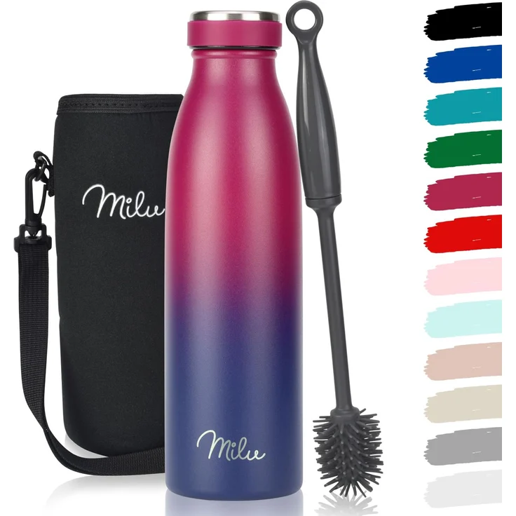 Milu Edelstahl Trinkflasche 350ml, 500ml, 750ml, 1L, 1,5L – Thermosflasche für Kinder Erwachsene auslaufsicher Isolierflasche Kohlensäure geeignet– inkl. Reinigungsbürste (Berry Blau, 500ml)