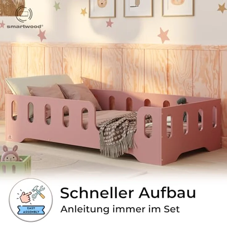 smartwood Kinderbett Bodenbett 100x190 mit Rausfallschutz & Lattenrost - Rosa - Kinder Montessori Bett TILA 2P mit glatten Kanten - Betten für schnelle Montage - Bis 230 kg belastbar – Bild 5