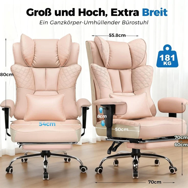 GTPLAYER Bürostuhl, Ergonomischer Gaming Stuhl mit Fußstütze Chefsessel bis 200kg, PU-Leder Schreibtischstuhl mit Taschenfeder-Kissen und Lendenwirbelstütze, Höhenverstellbar Home Office Stuhl – Bild 3