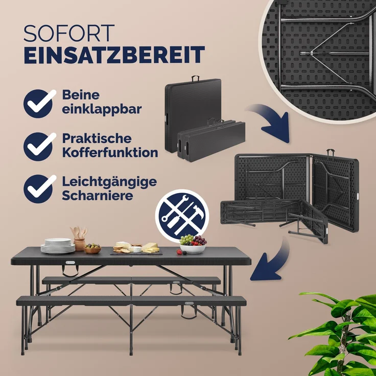 Casaria 'Malmö' Bierzeltgarnitur, 3-teilig, klappbar, Polyrattan schwarz, 180 x 75 x 73 cm – Bild 4