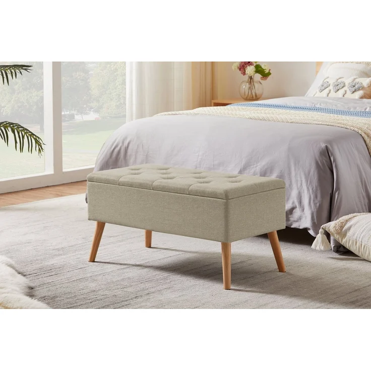 Zedelmaier Sitztruhe Sitztruhe Sitzhocker Fußhocker mit Stauraum LeinenDeckel und Holzfüßen (ZD8040), 43L /Max. Tragfähigkeit 300kg 76 x 39,5 x 40 cm Beige – Bild 3