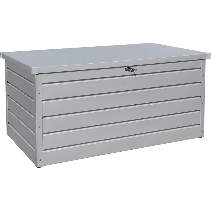 Duramax Palladium Kissenbox aus Metall groß (865 L) mit hydraulischer Gasdruckfeder und abschließbarem Griff mit Schlüssel, Terrassenbox und Gartenmöbelaufbewahrung, silver