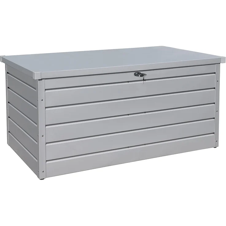 Duramax Palladium Kissenbox aus Metall groß (865 L) mit hydraulischer Gasdruckfeder und abschließbarem Griff mit Schlüssel, Terrassenbox und Gartenmöbelaufbewahrung, silver