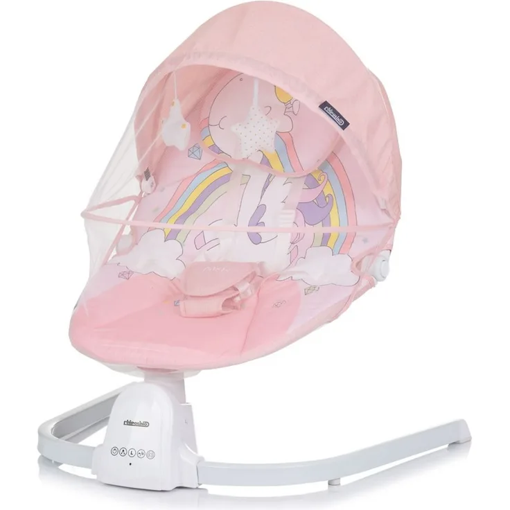 Chipolino Babywippe Oasis Fernbedienung, Timer, Moskitonetz, Gurt, Plüschtiere pink