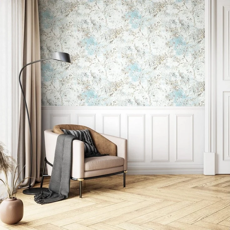 Newroom Vliestapete, Blau Tapete Floral Blätter - Vintage Blumentapete Grau Beige 3D Optik Romantisch Äste Blätterranke für Schlafzimmer Wohnzimmer Küche – Bild 3