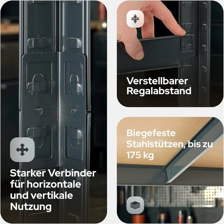 Arebos Schwerlastregal 2er Set | 180 x 90 x 30 cm | 875kg Tragkraft | 0,63 mm | 5 MDF-Platten | Regal Lagerregal Kellerregal Steckregal Werkstattregal | Schwarz – Bild 6